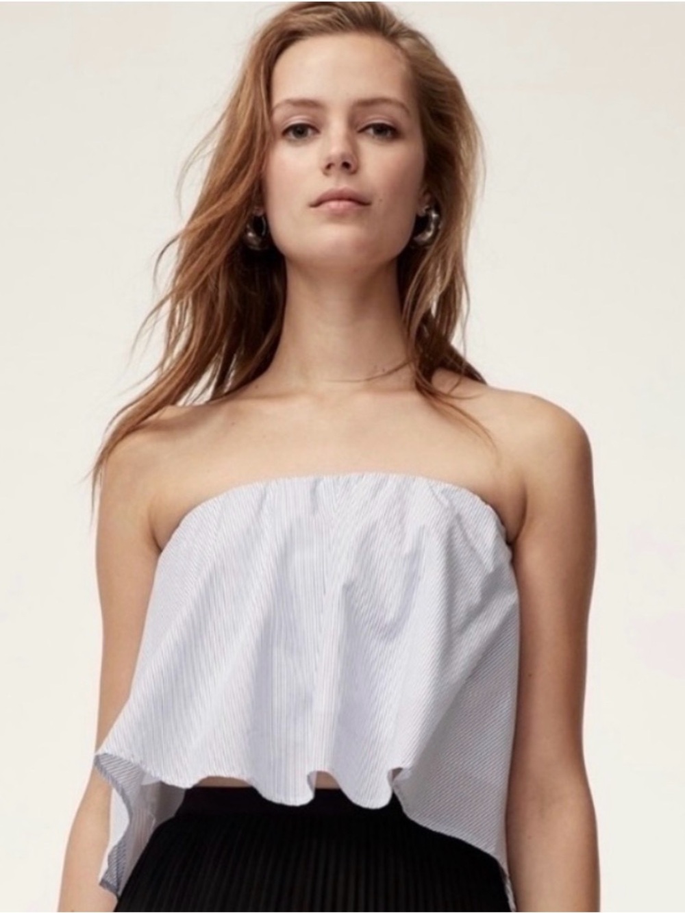 Aritzia Eckerd Blue and White Pinstripe Strapless Crop Top